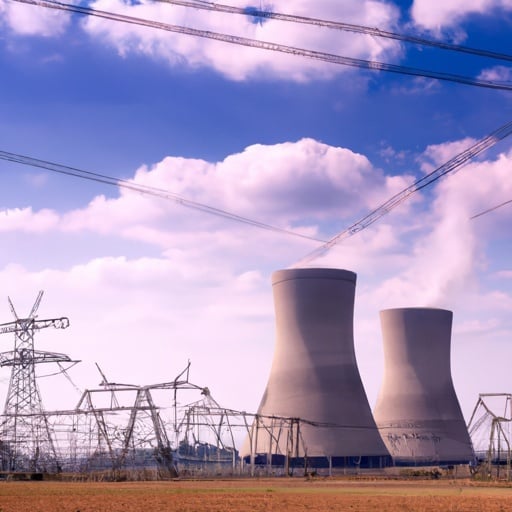Nuclear power station cooling towers beside high voltage transmission pylons